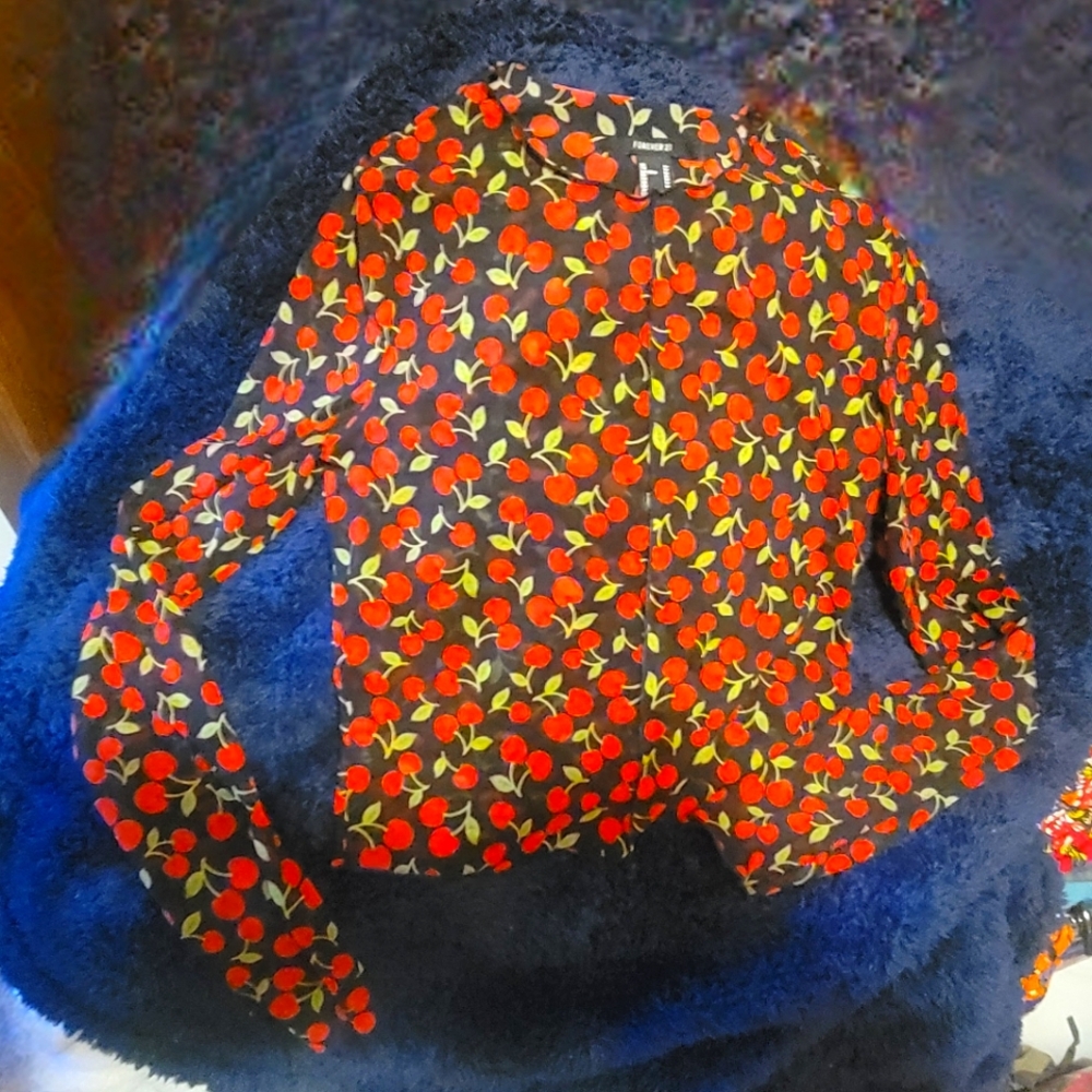 Forever 21 Red and Yellow Cherry Print Long Sleeve Top